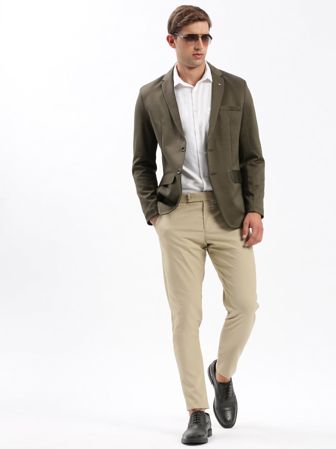 Men Notched Lapel Solid Olive Blazer