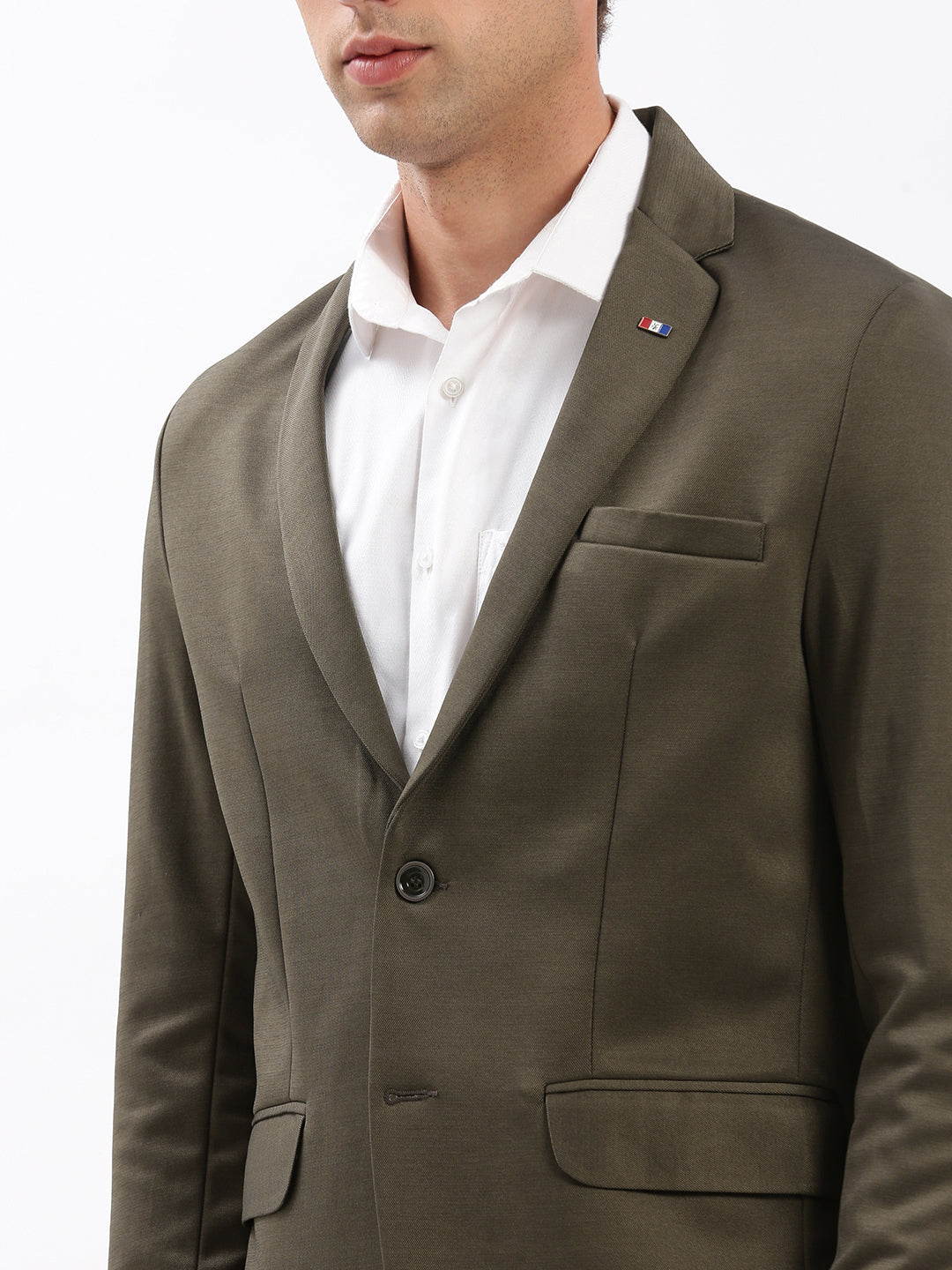 Men Notched Lapel Solid Olive Blazer