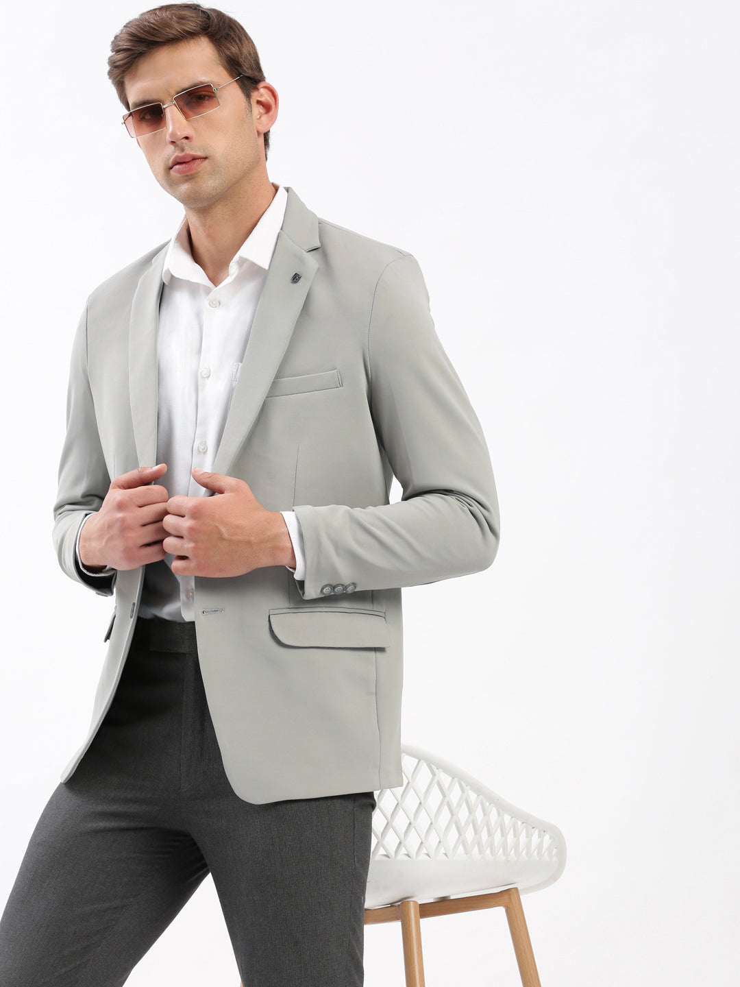 Men Notched Lapel Solid Grey Blazer