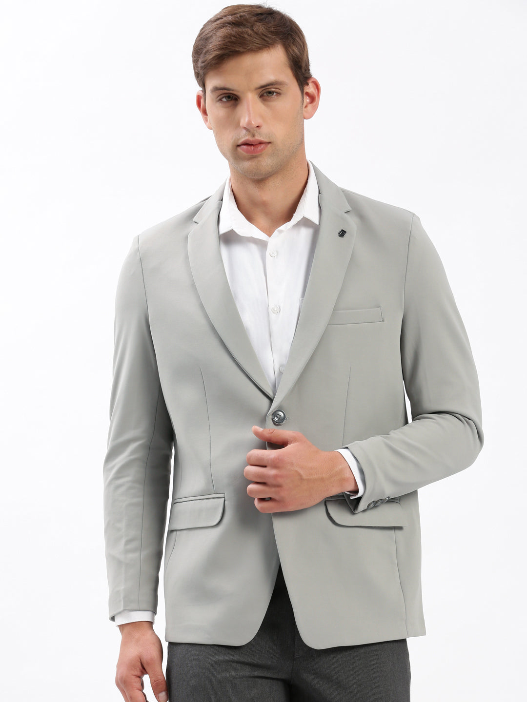 Men Notched Lapel Solid Grey Blazer