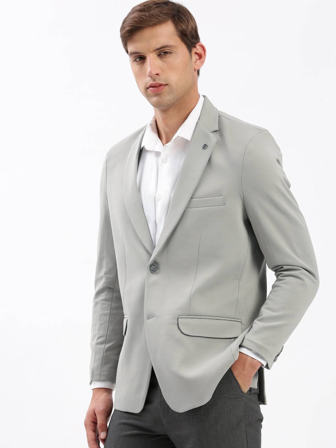 Men Notched Lapel Solid Grey Blazer