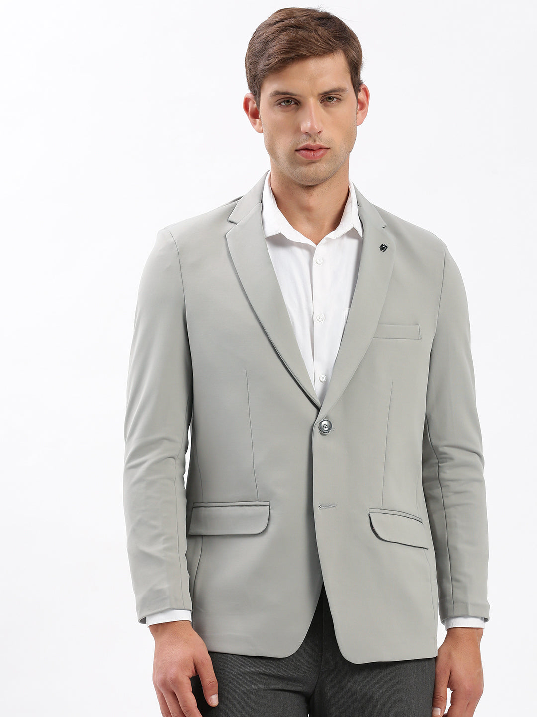 Men Notched Lapel Solid Grey Blazer