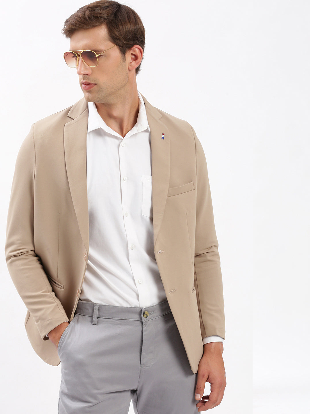 Men Notched Lapel Solid Beige Blazer