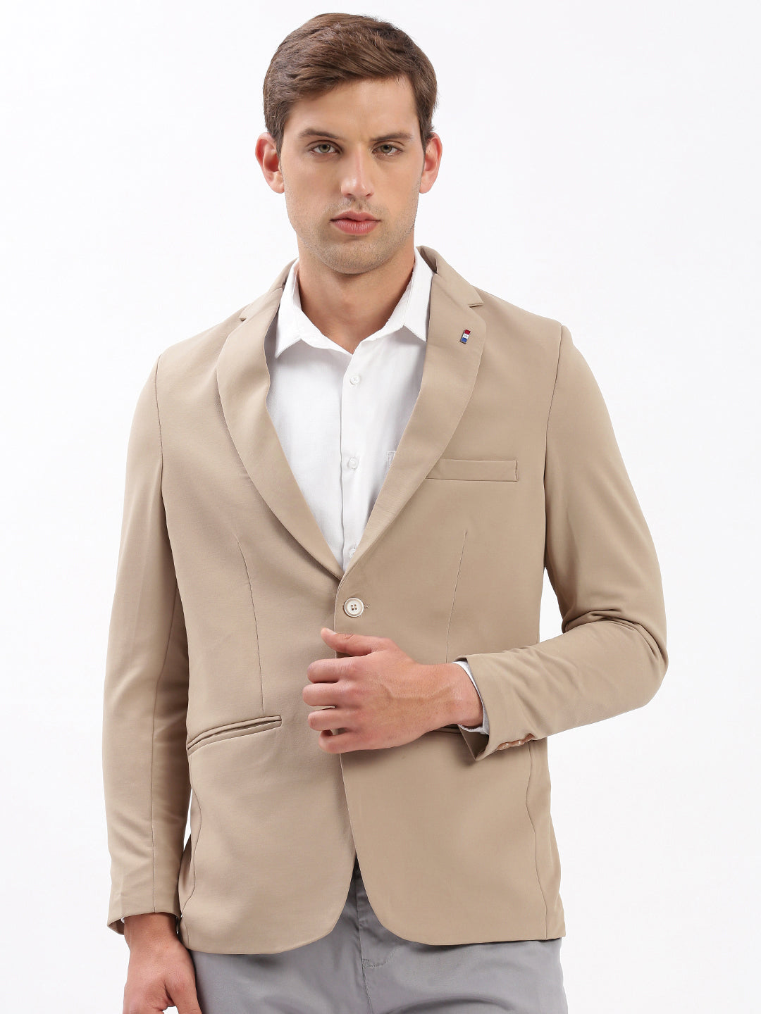 Men Notched Lapel Solid Beige Blazer