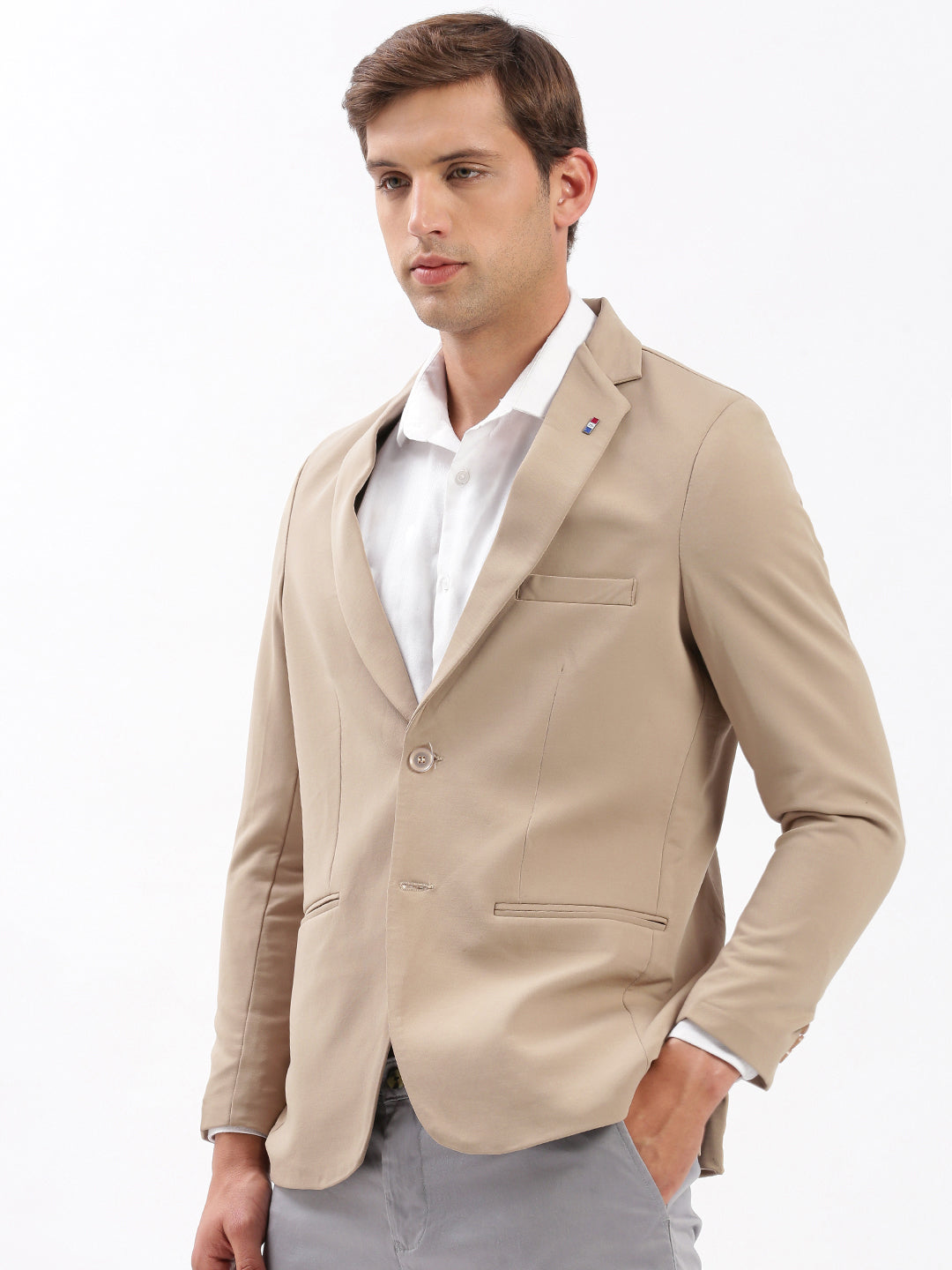 Men Notched Lapel Solid Beige Blazer