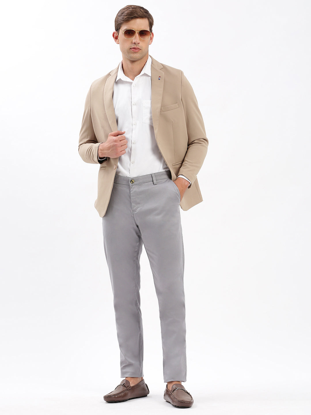 Men Notched Lapel Solid Beige Blazer