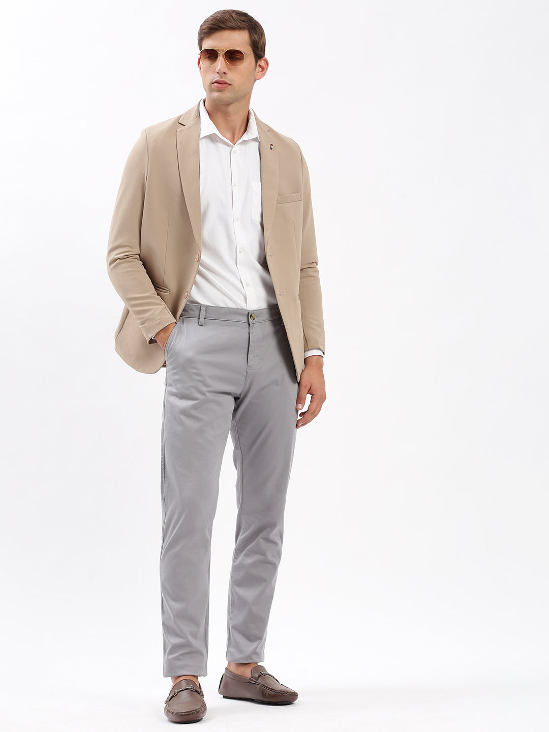 Men Notched Lapel Solid Beige Blazer