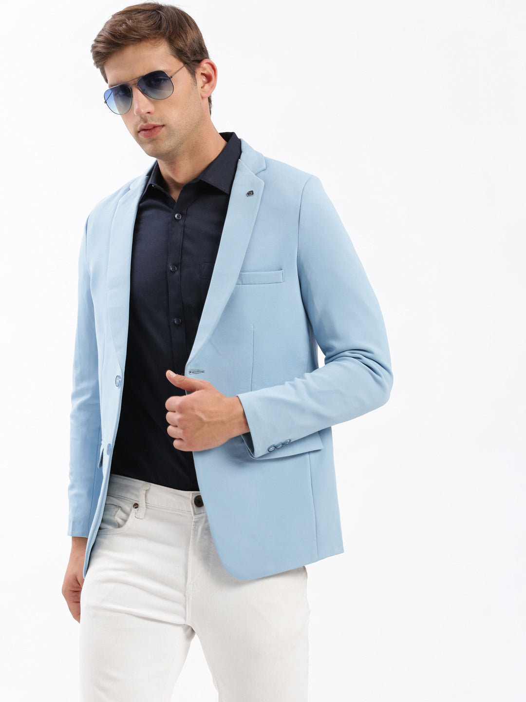 Men Notched Lapel Solid Blue Blazer