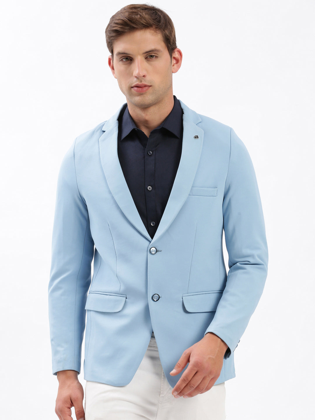 Men Notched Lapel Solid Blue Blazer