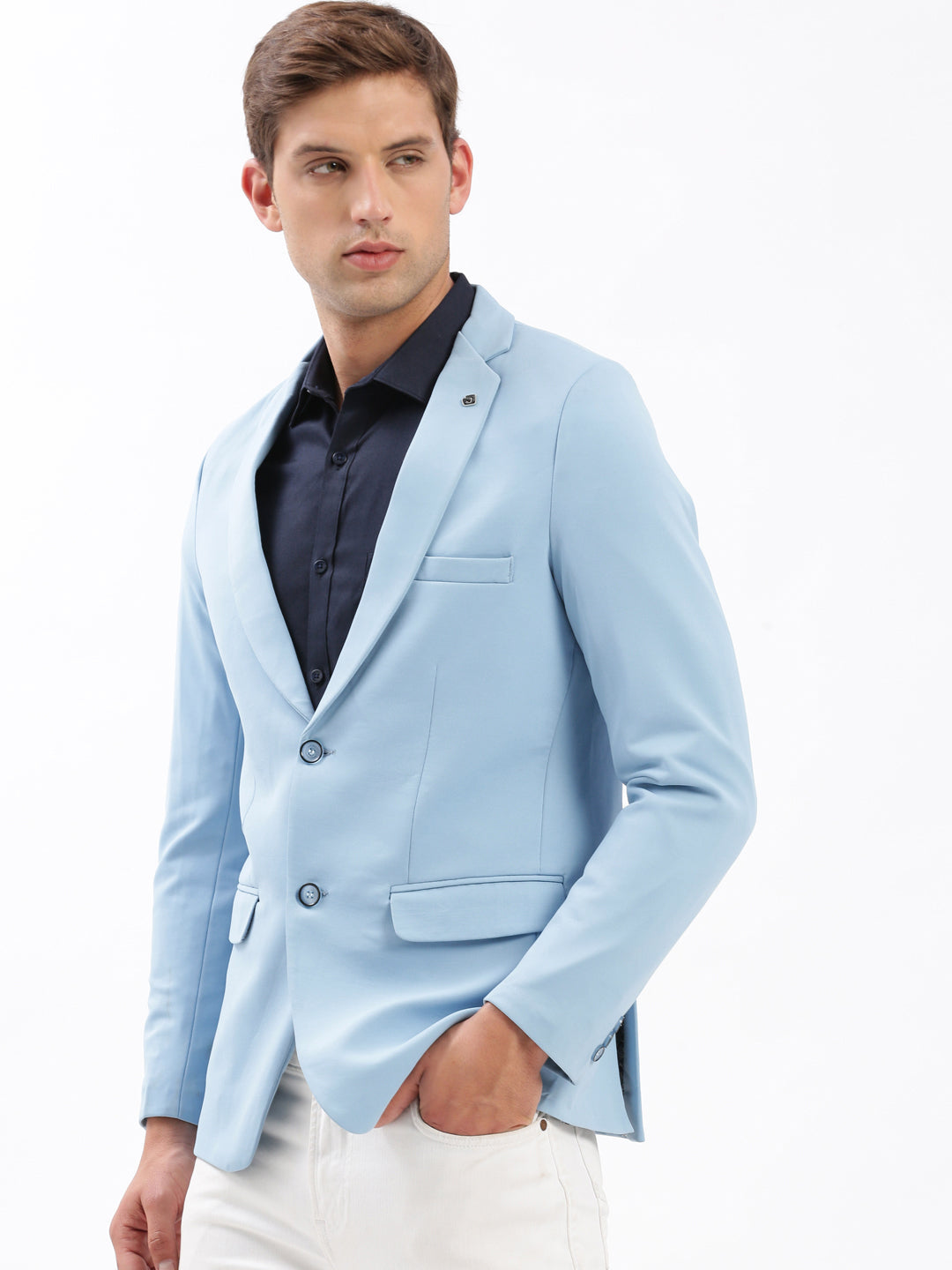 Men Notched Lapel Solid Blue Blazer