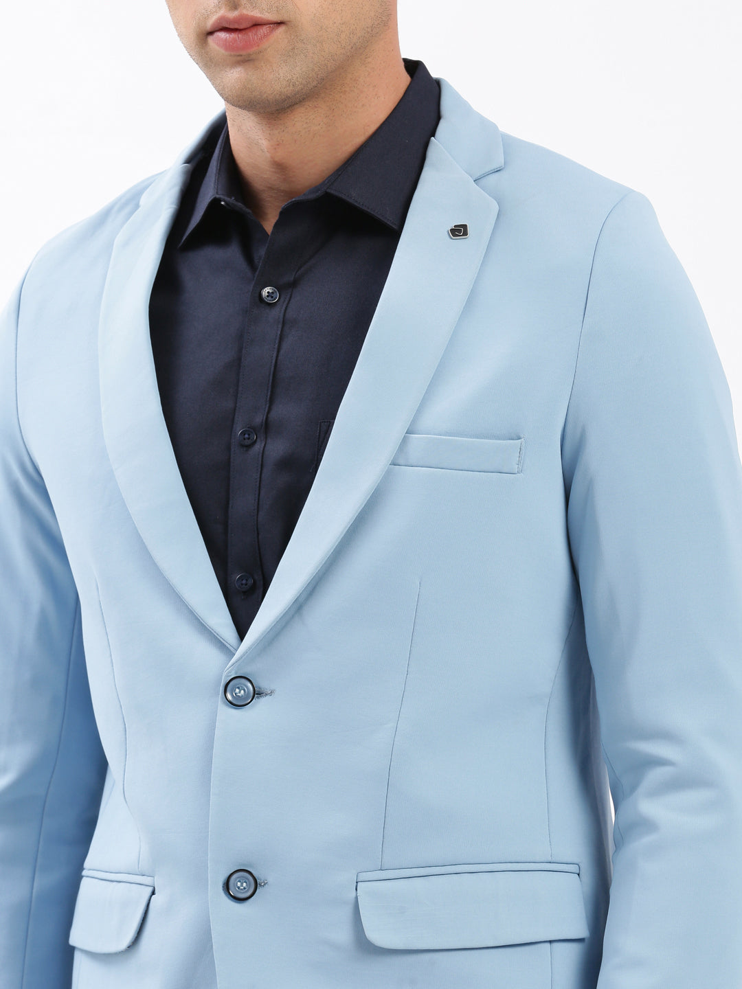 Men Notched Lapel Solid Blue Blazer