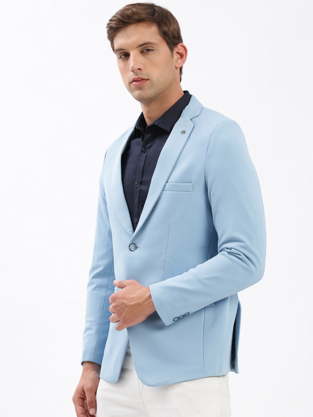 Men Notched Lapel Solid Blue Blazer