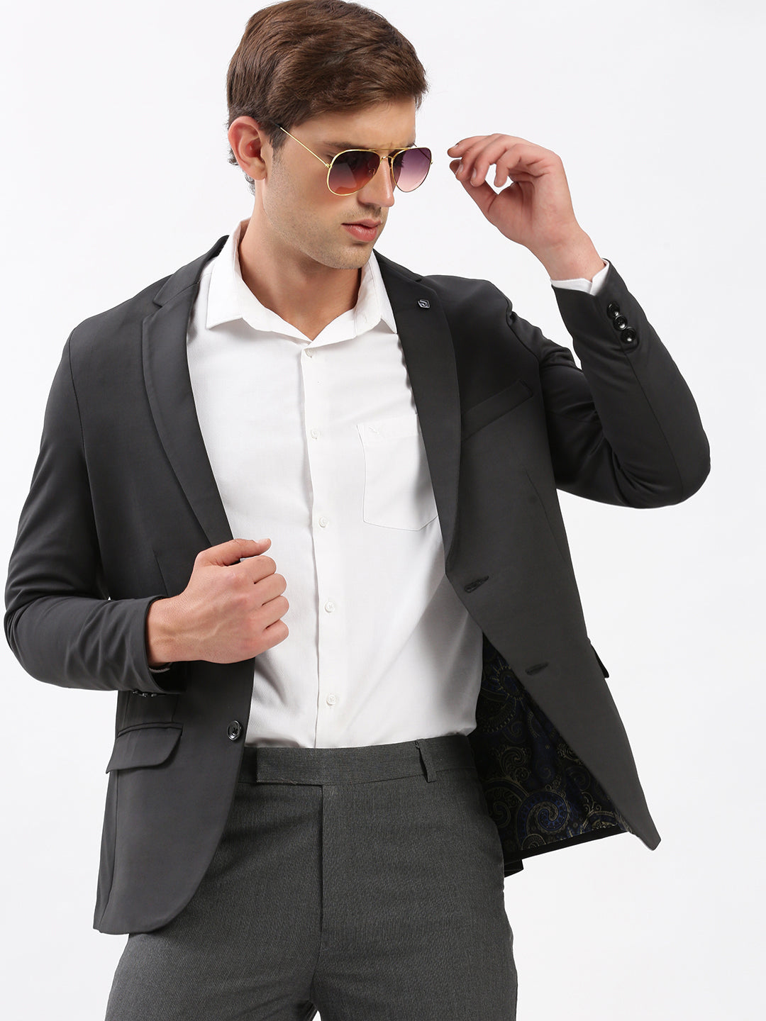 Men Notched Lapel Solid Charcoal Blazer