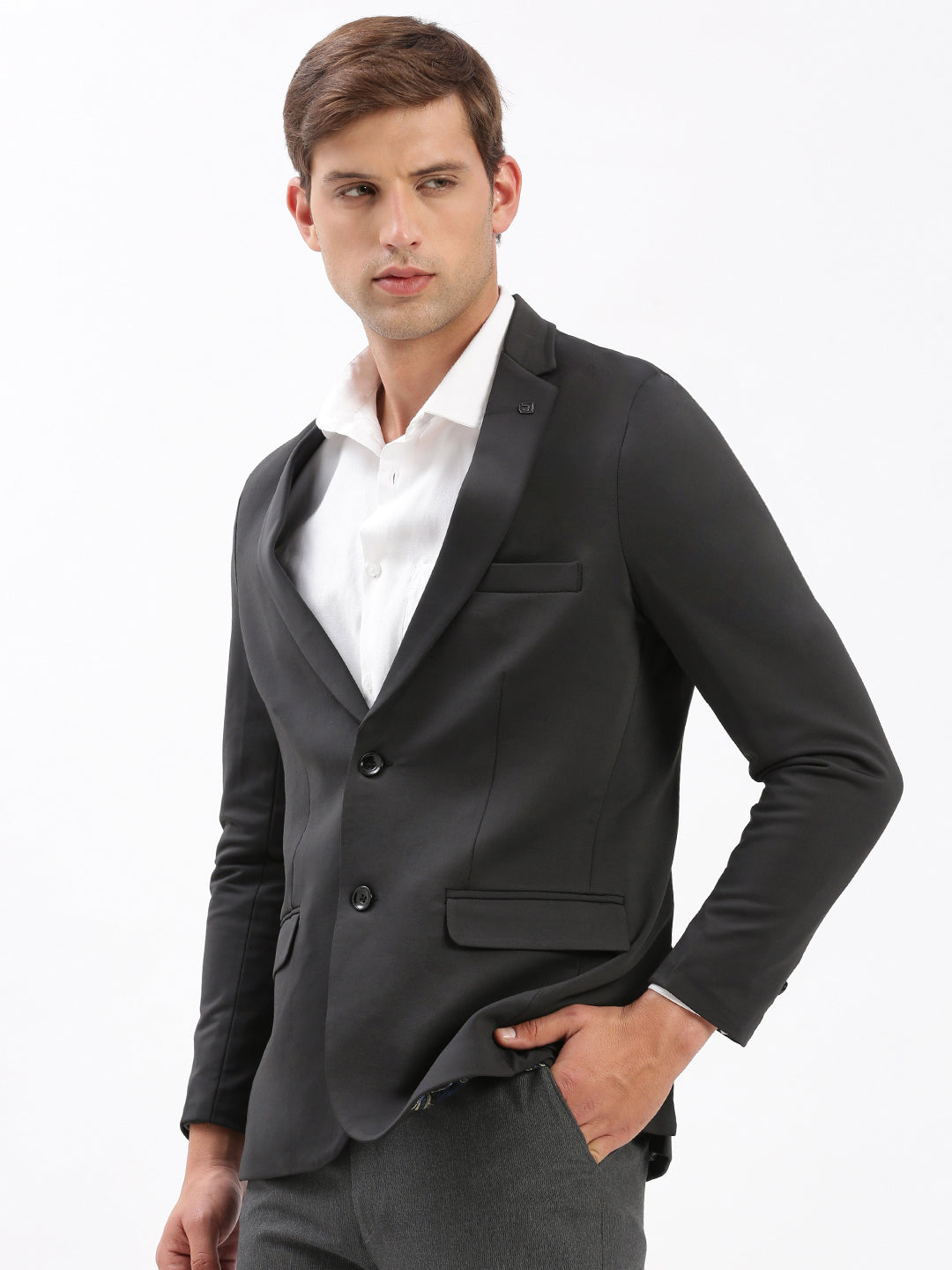 Men Notched Lapel Solid Charcoal Blazer