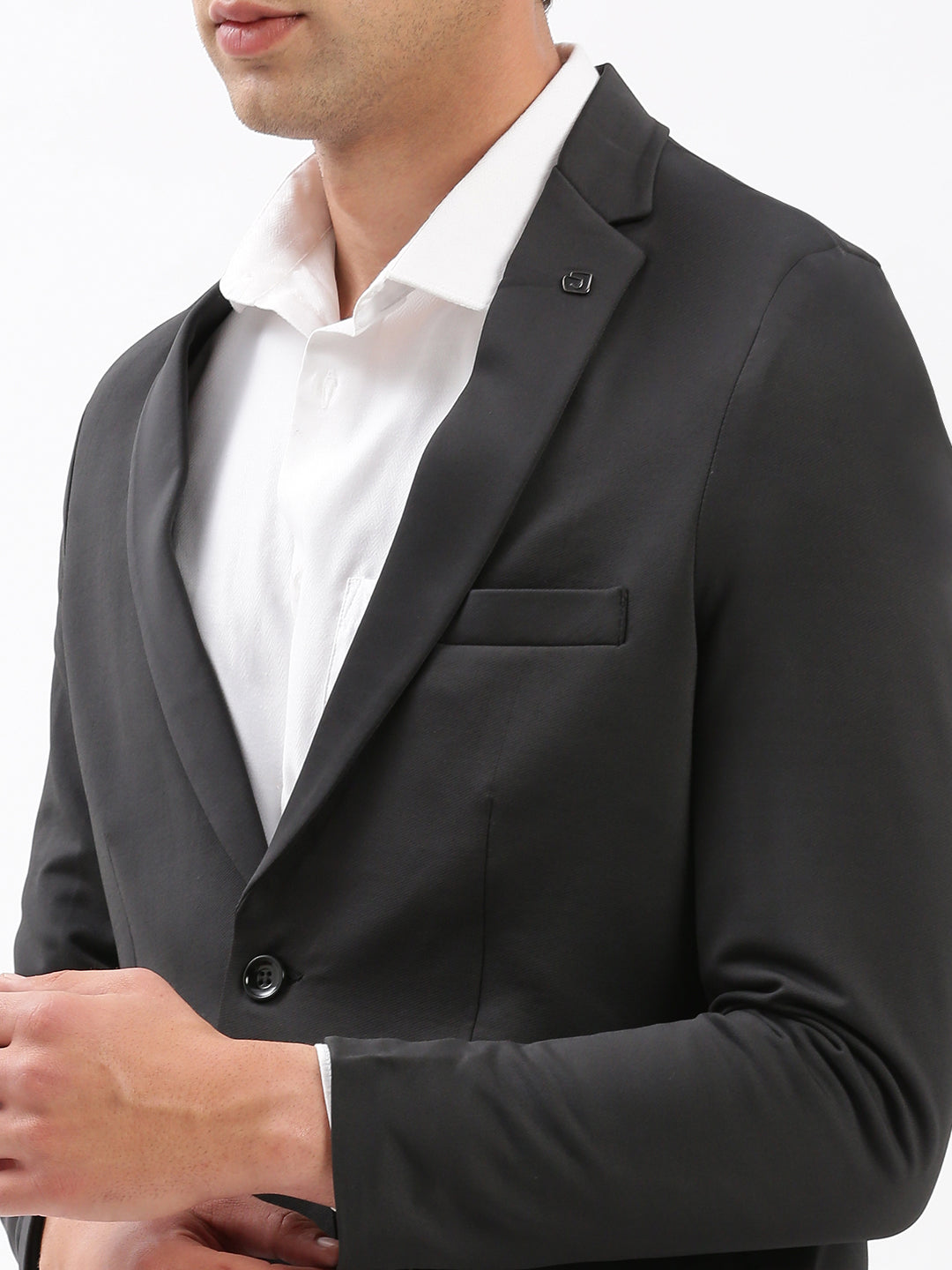 Men Notched Lapel Solid Charcoal Blazer