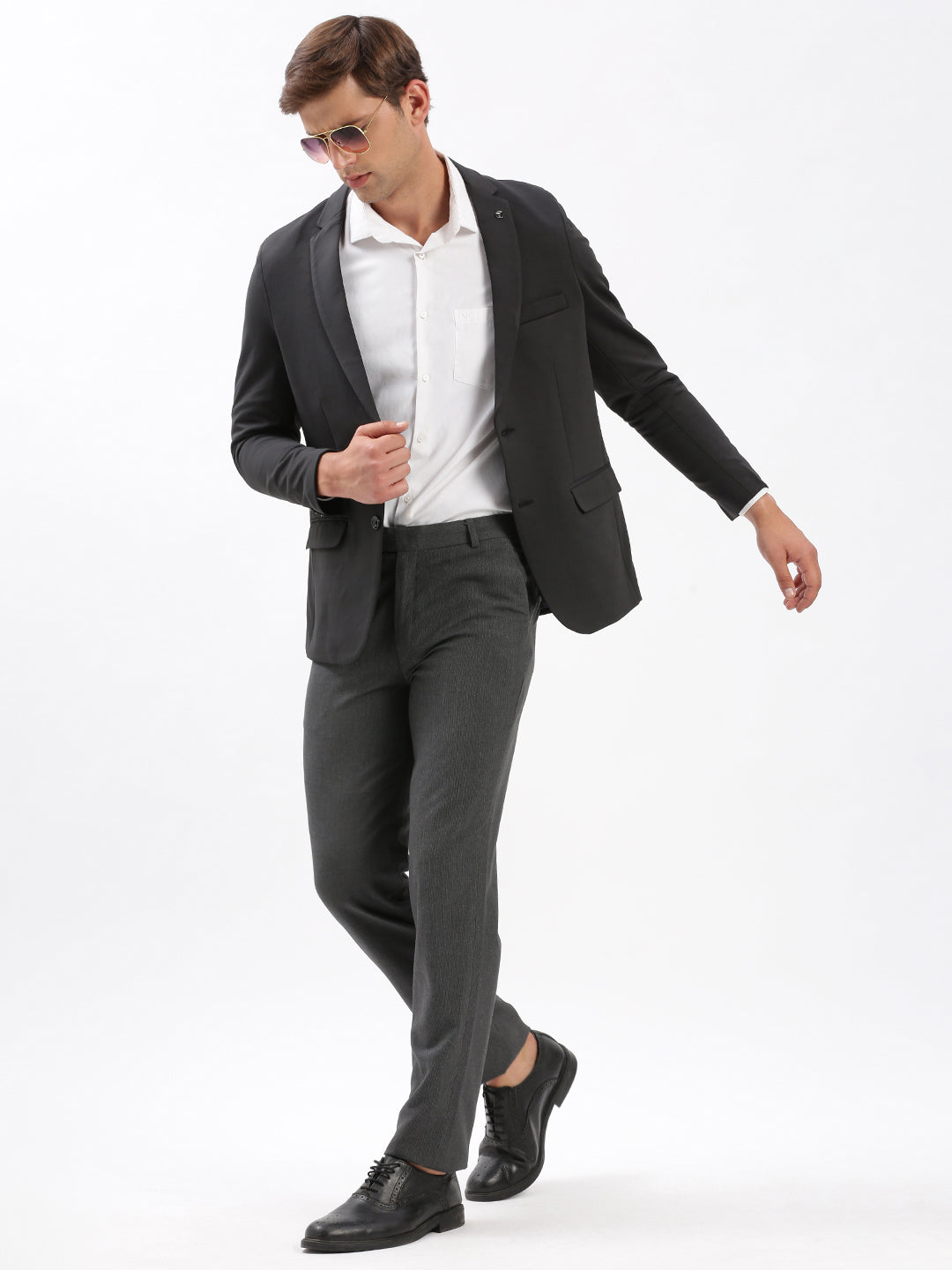 Men Notched Lapel Solid Charcoal Blazer