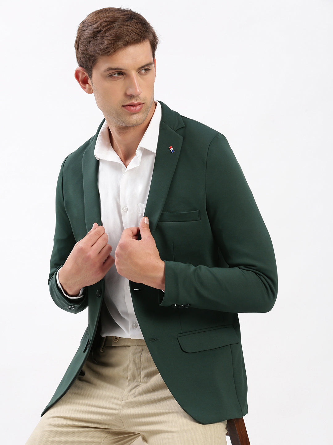 Men Notched Lapel Solid Green Blazer