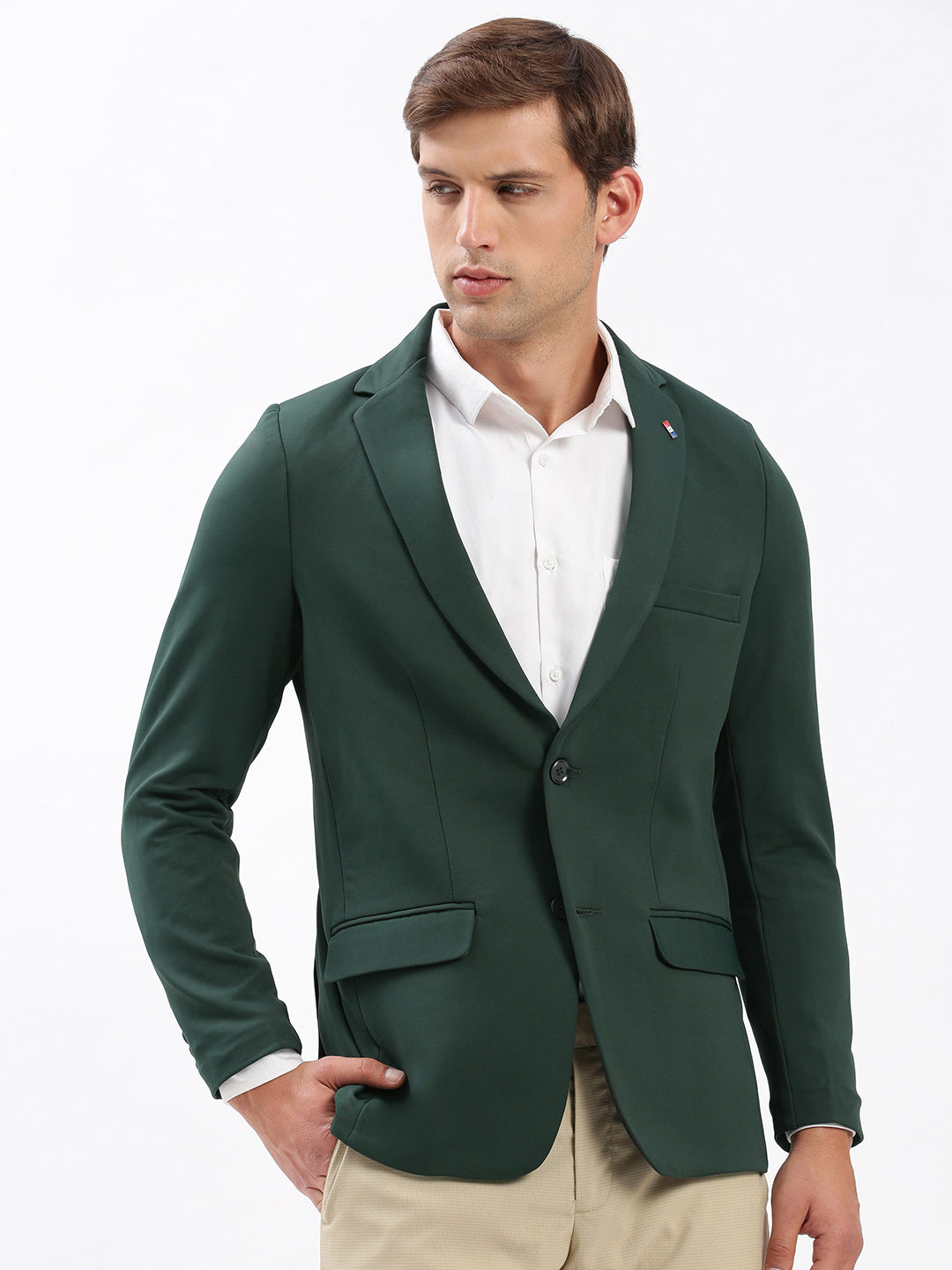 Men Notched Lapel Solid Green Blazer