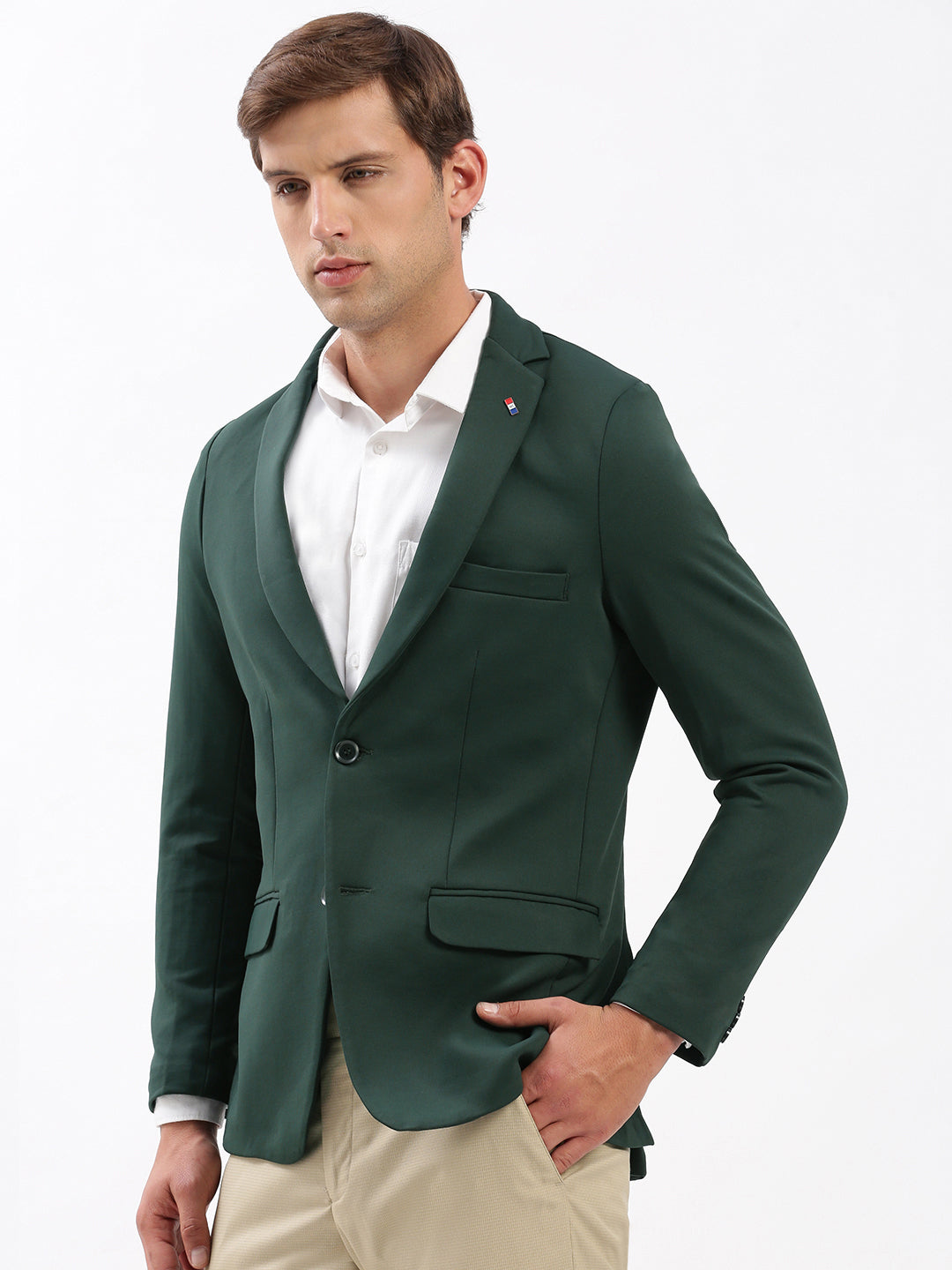 Men Notched Lapel Solid Green Blazer