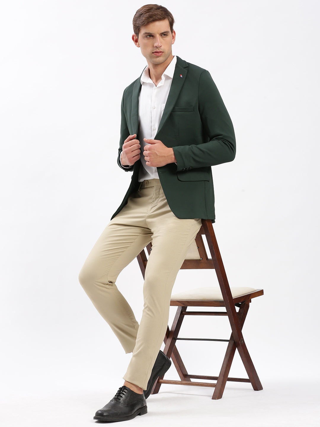 Men Notched Lapel Solid Green Blazer