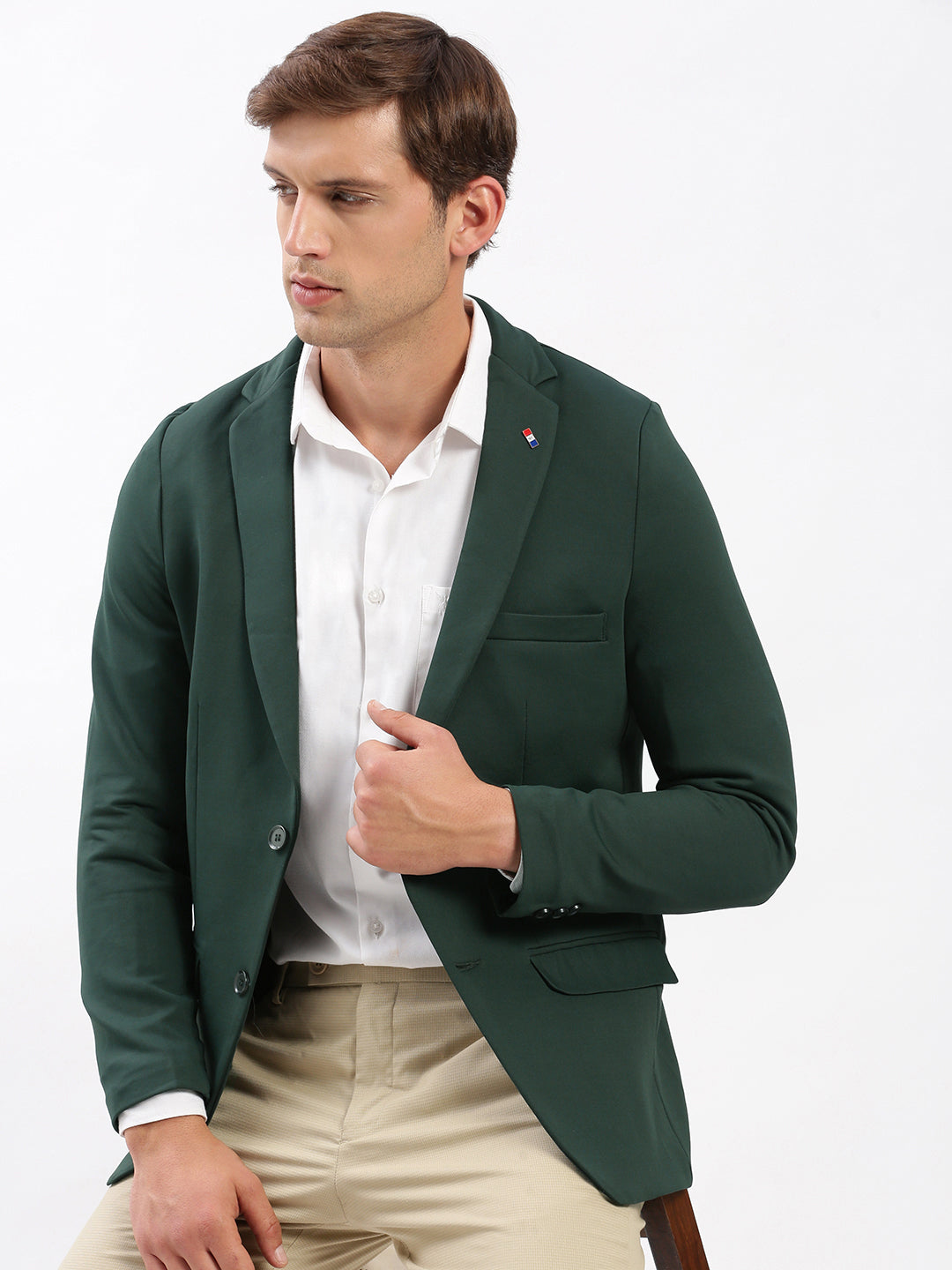 Men Notched Lapel Solid Green Blazer