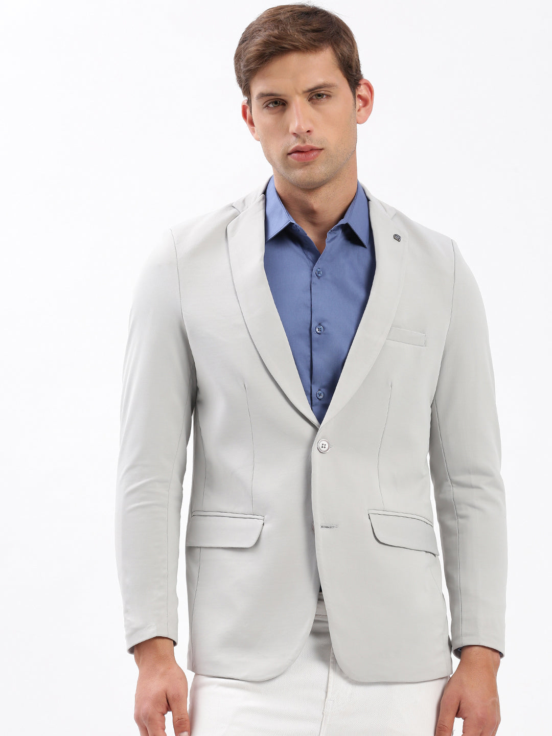 Men Notched Lapel Solid Grey Blazer