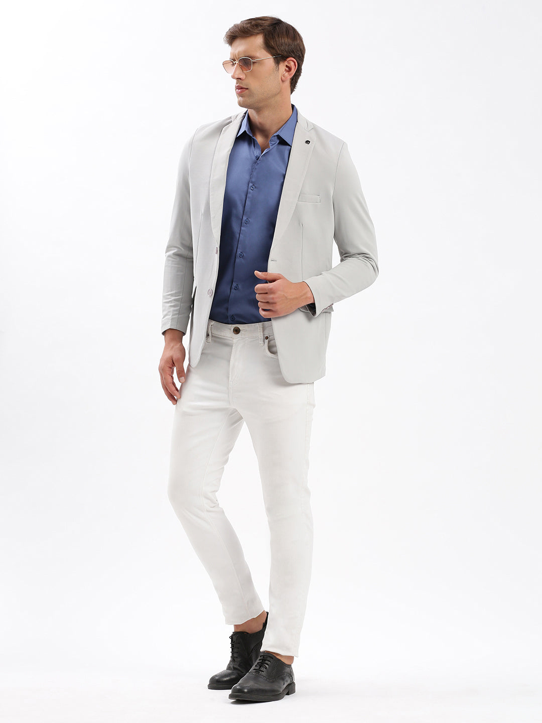 Men Notched Lapel Solid Grey Blazer