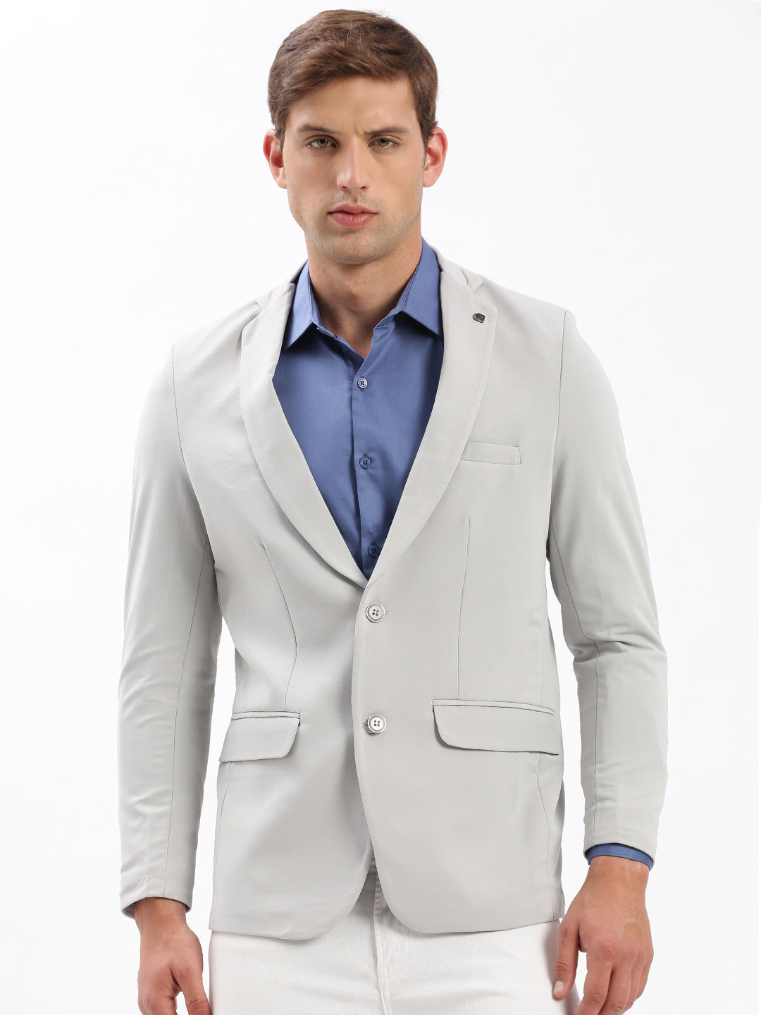 Men Notched Lapel Solid Grey Blazer