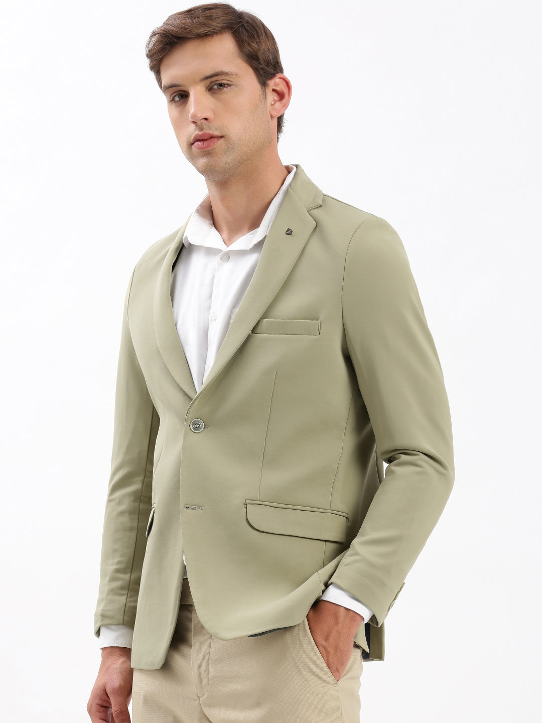 Men Notched Lapel Solid Khaki Blazer