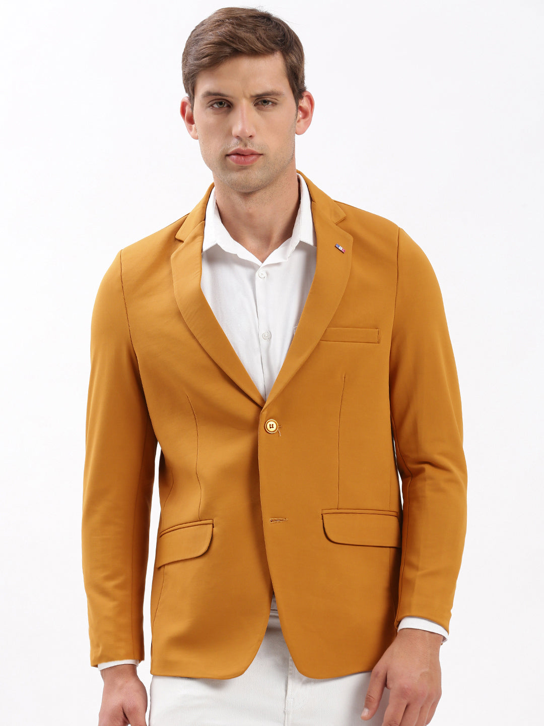 Men Notched Lapel Solid Mustard Blazer