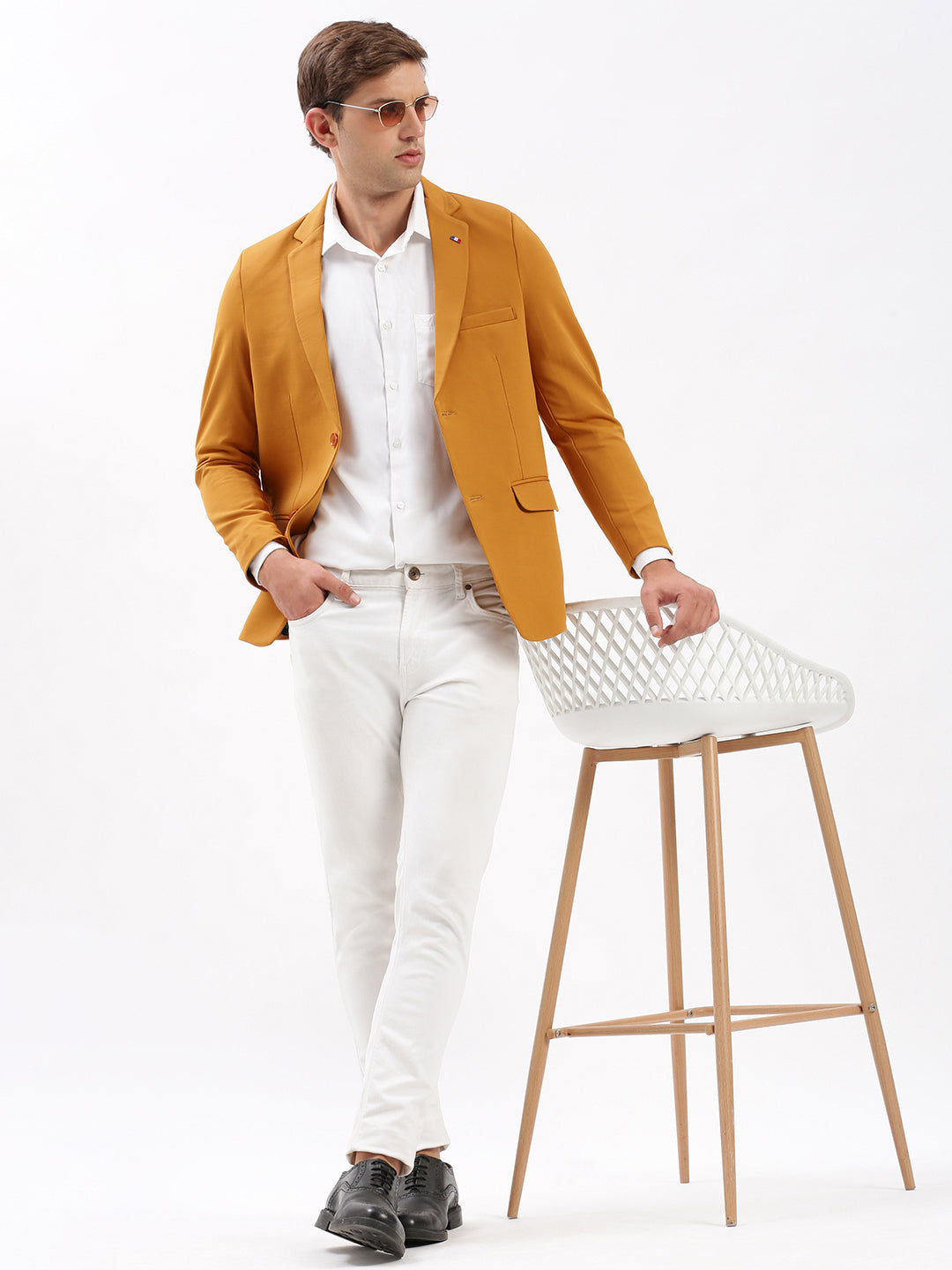 Men Notched Lapel Solid Mustard Blazer