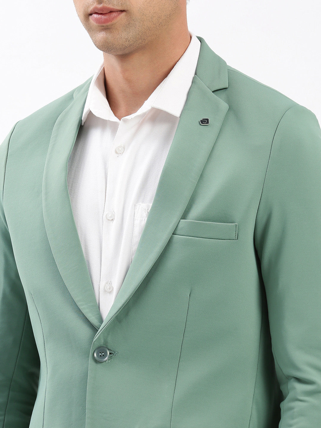 Men Notched Lapel Solid Sea Green Blazer