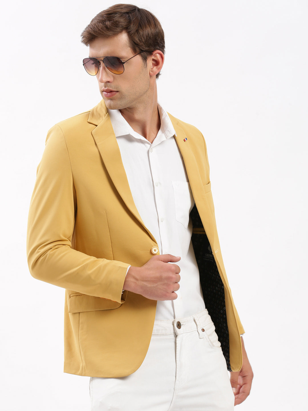 Men Notched Lapel Solid Yellow Blazer