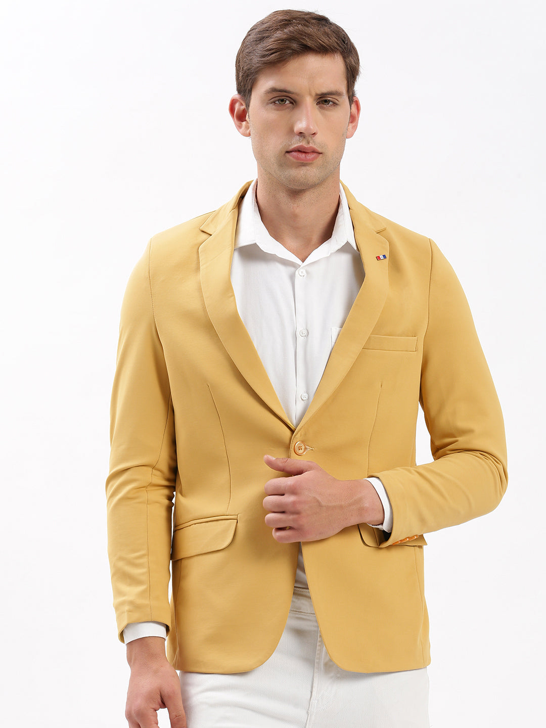 Men Notched Lapel Solid Yellow Blazer