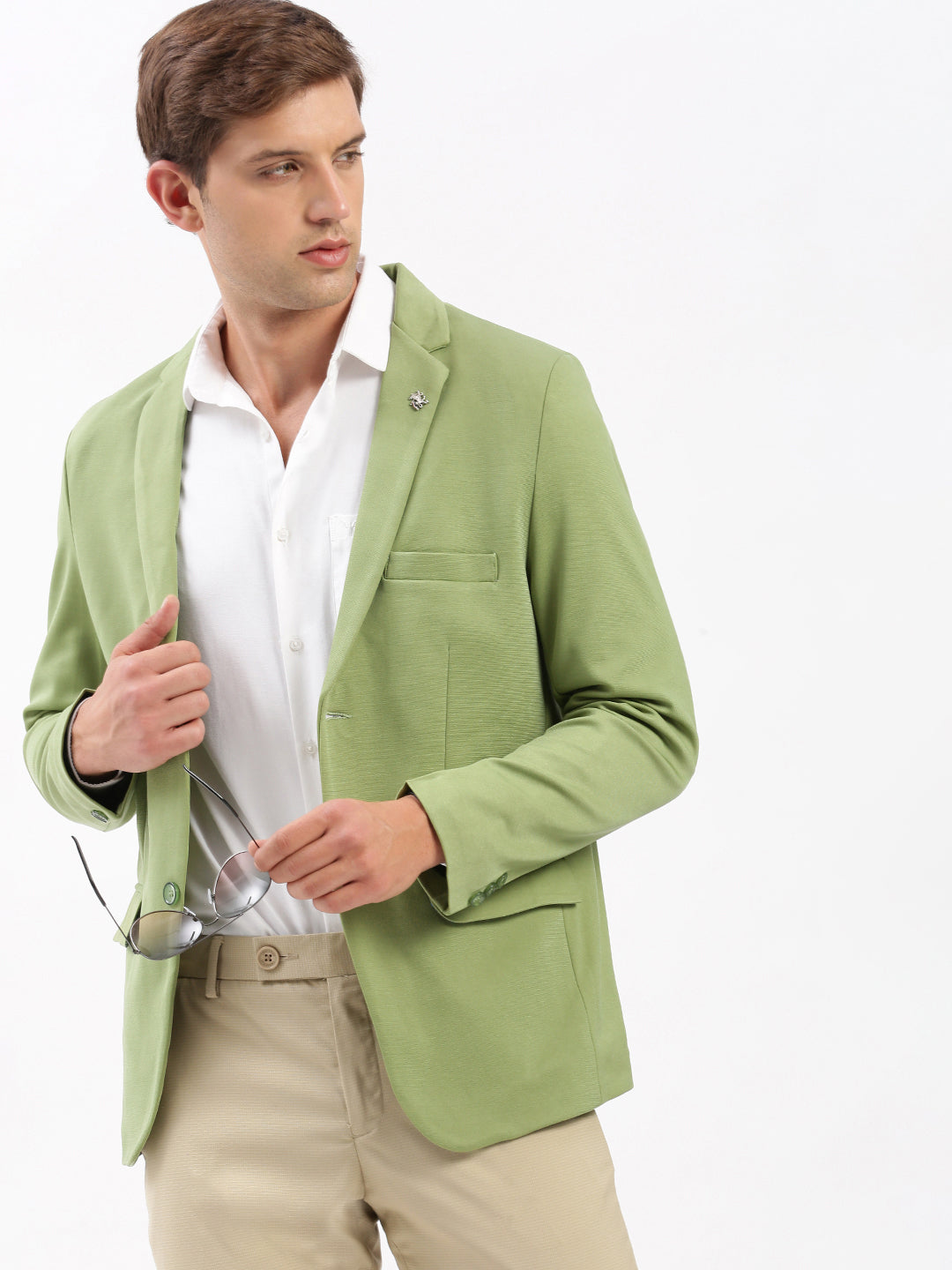 Men Notched Lapel Solid Green Blazer