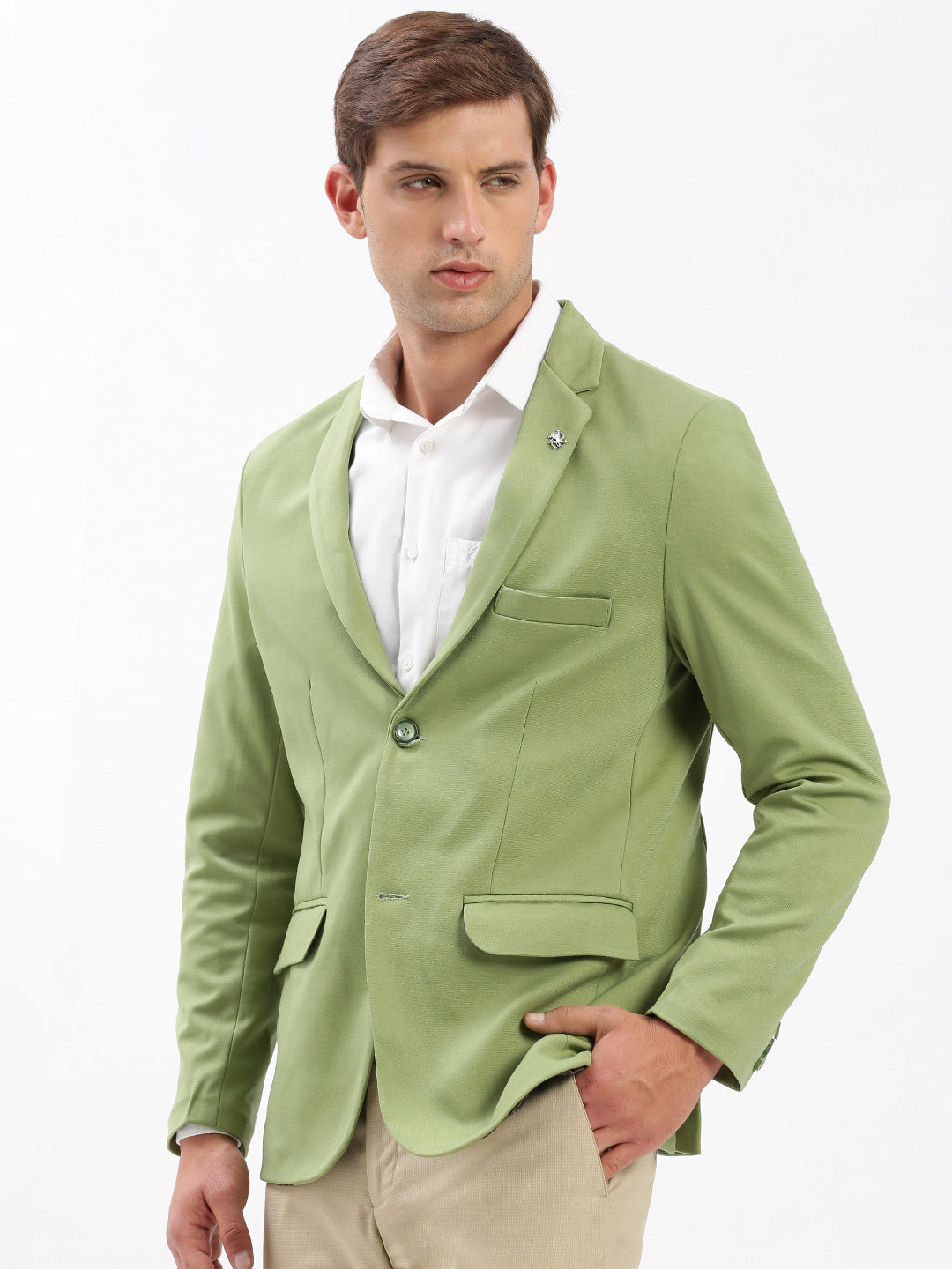 Men Notched Lapel Solid Green Blazer