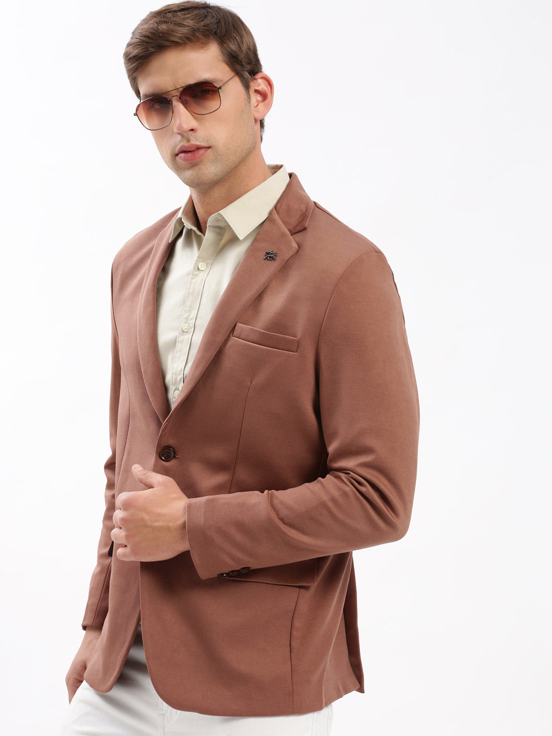 Men Notched Lapel Solid Brown Blazer