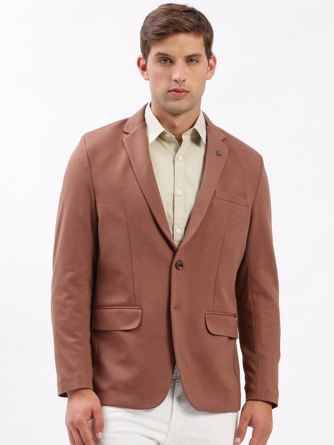 Men Notched Lapel Solid Brown Blazer