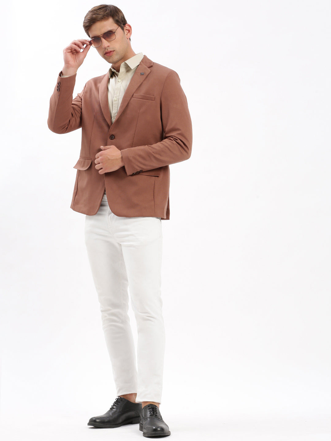 Men Notched Lapel Solid Brown Blazer