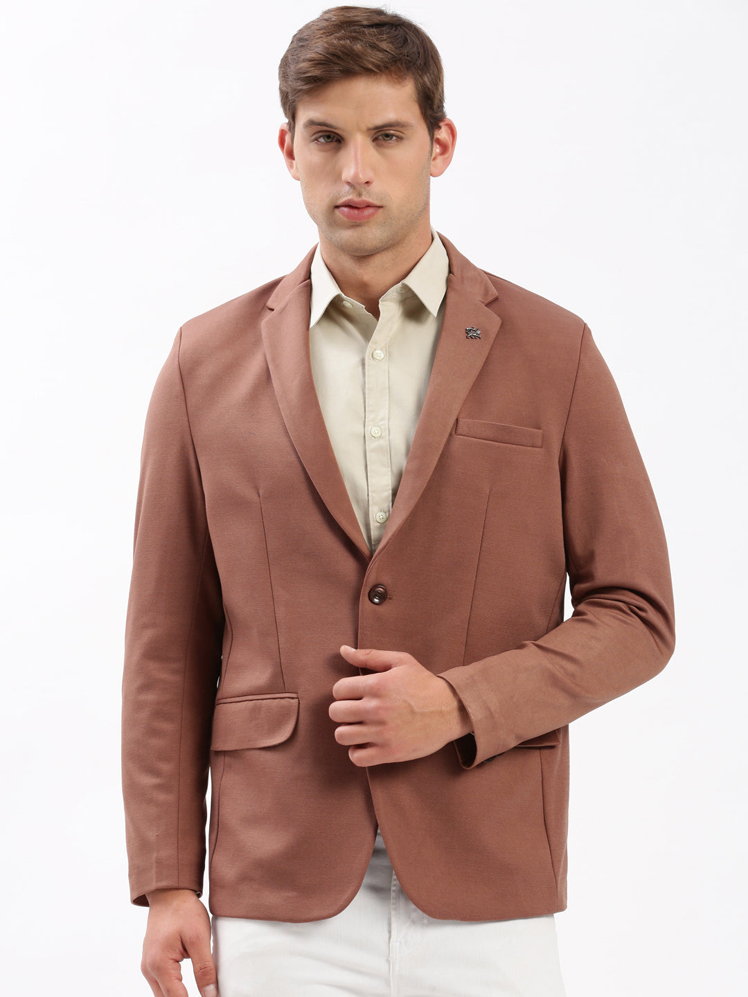 Men Notched Lapel Solid Brown Blazer