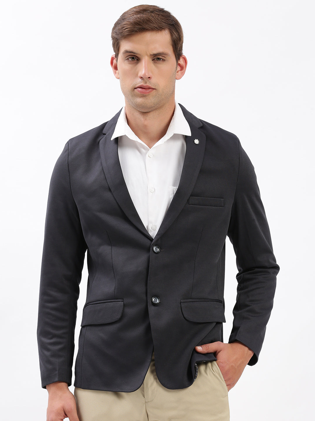 Men Notched Lapel Solid Charcoal Blazer