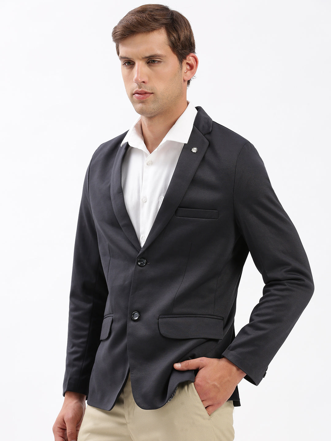 Men Notched Lapel Solid Charcoal Blazer