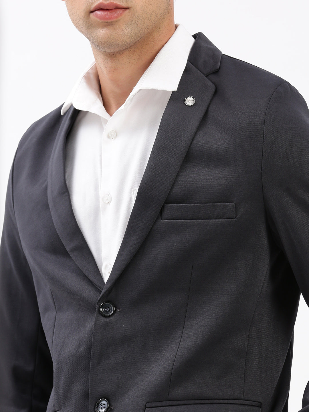 Men Notched Lapel Solid Charcoal Blazer