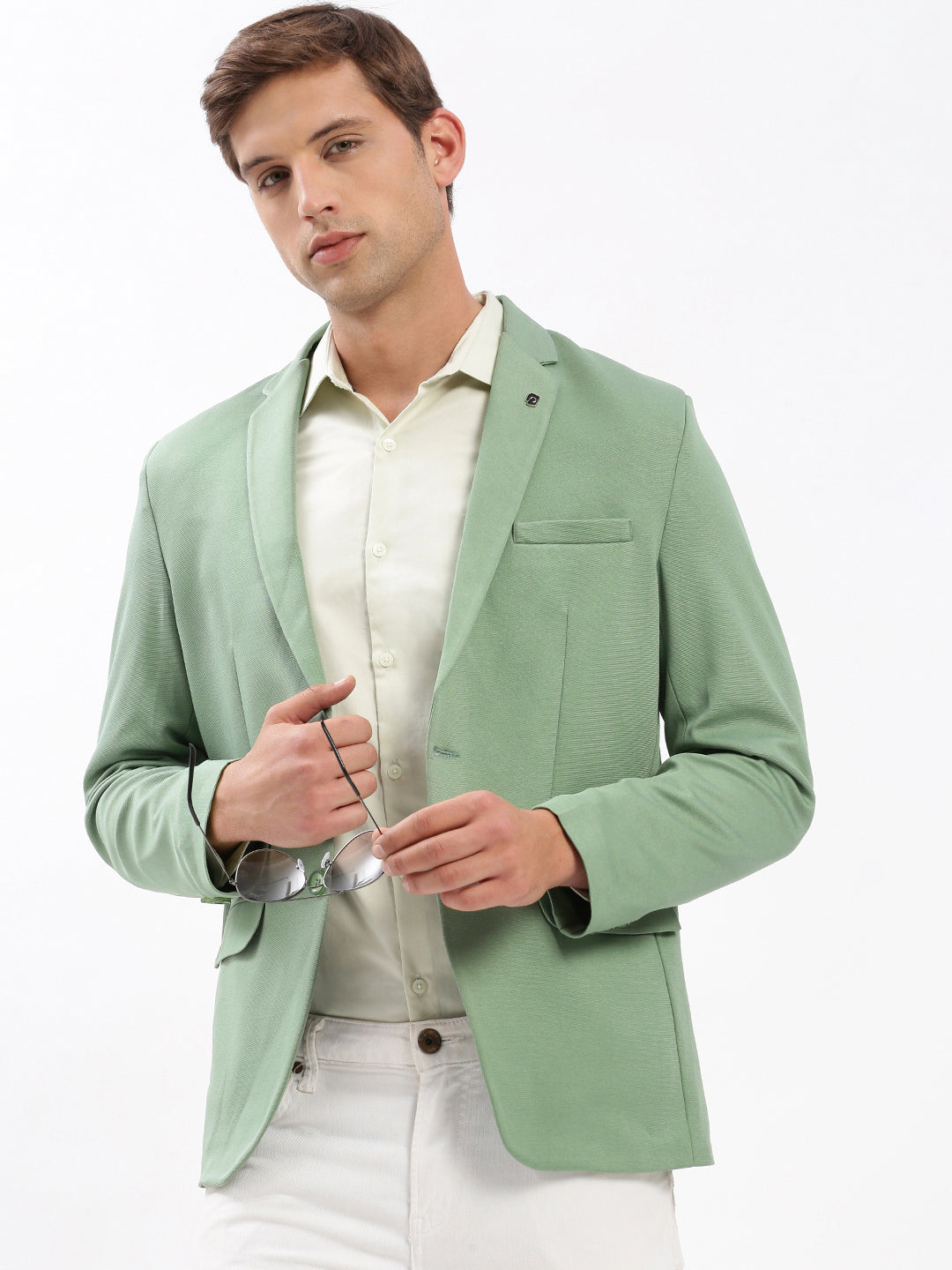 Men Notched Lapel Solid Green Blazer