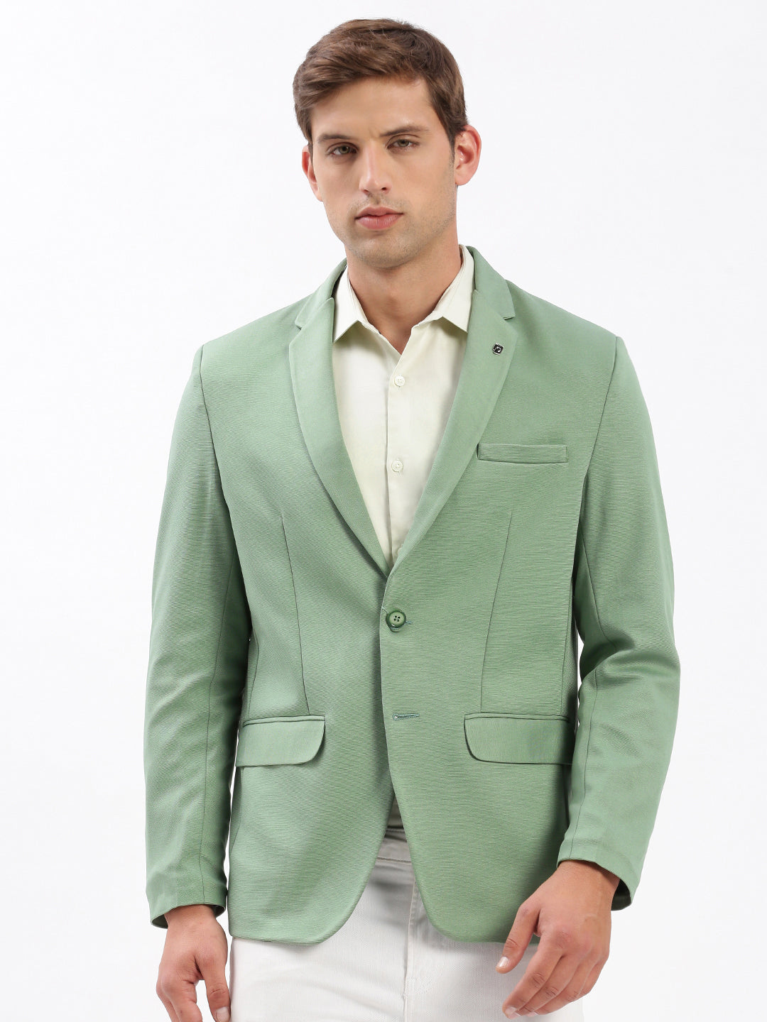 Men Notched Lapel Solid Green Blazer