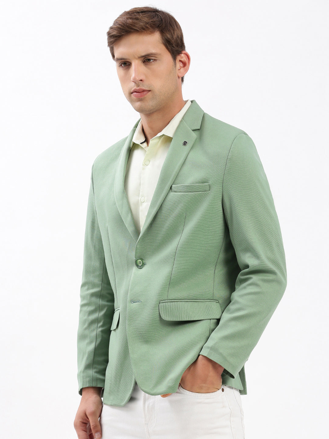 Men Notched Lapel Solid Green Blazer