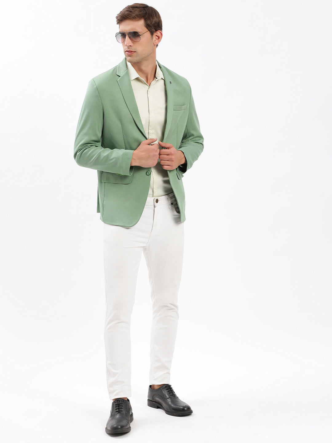 Men Notched Lapel Solid Green Blazer