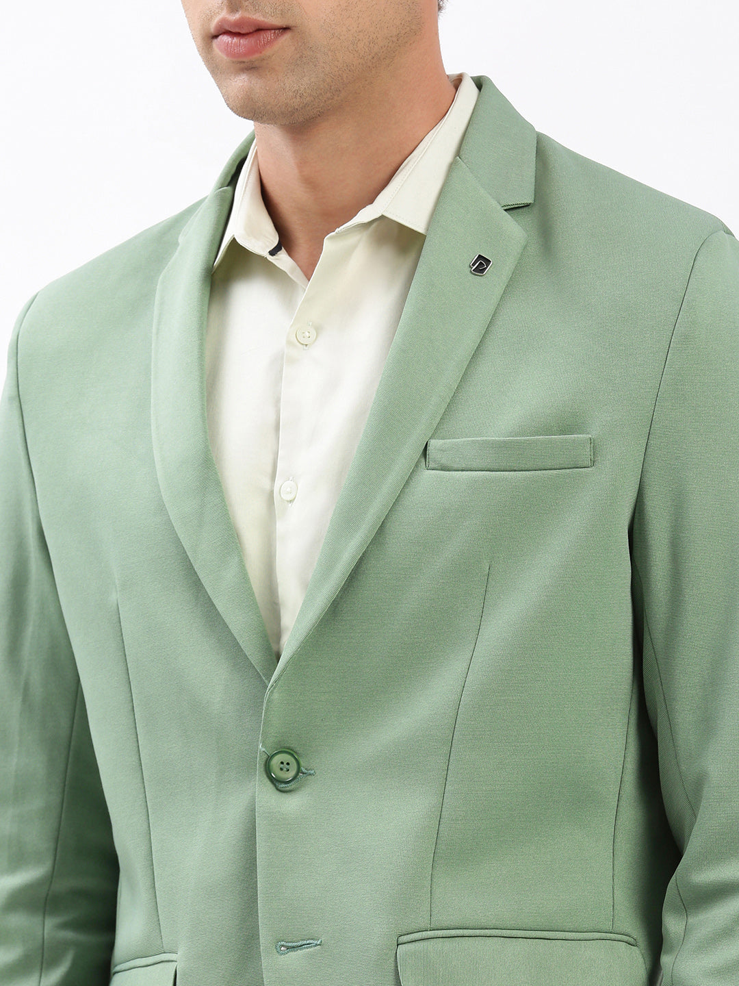 Men Notched Lapel Solid Green Blazer