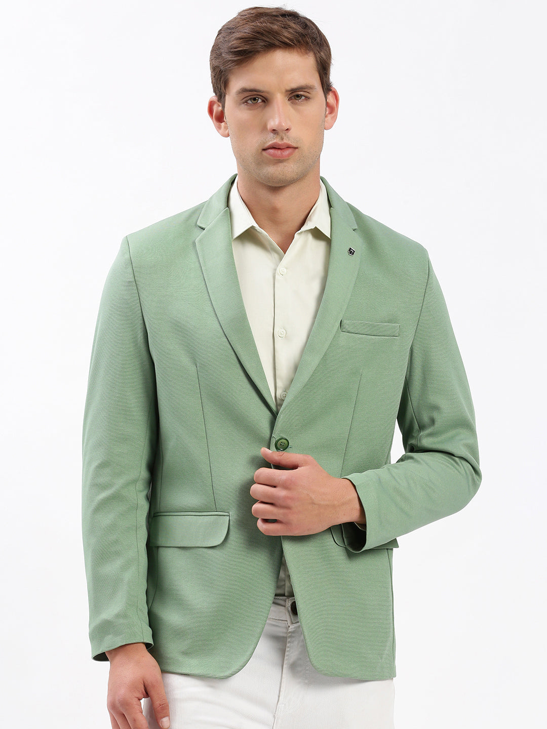 Men Notched Lapel Solid Green Blazer