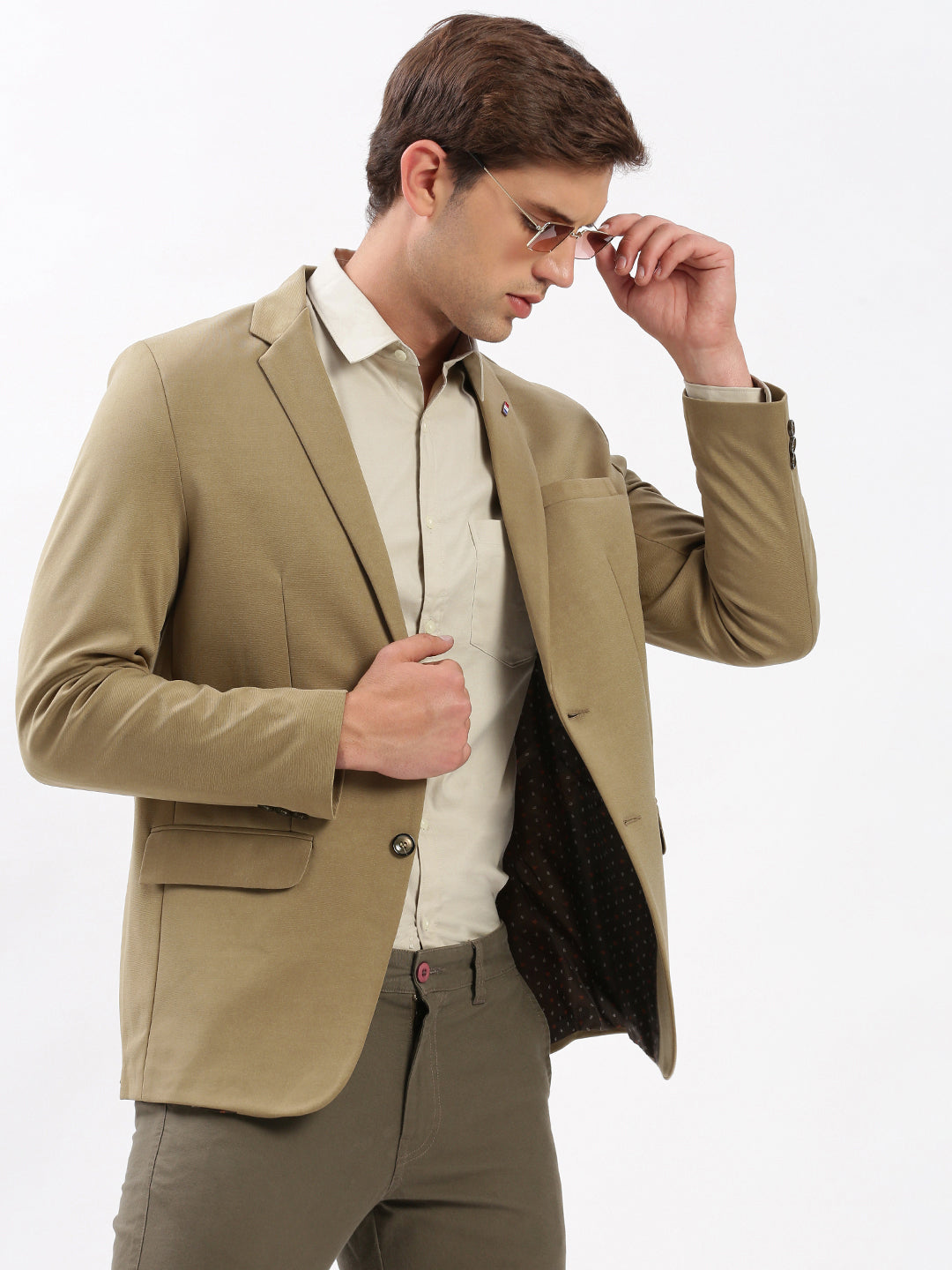 Men Notched Lapel Solid Khaki Blazer